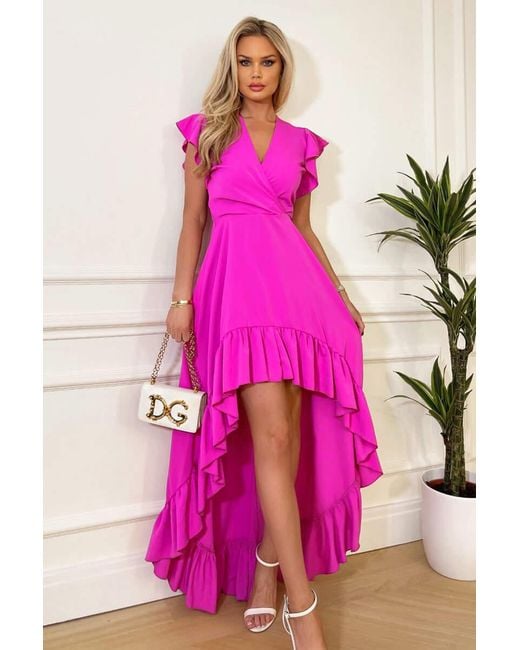 AX Paris Pink Hot High Low Frill Hem V Neck Midi Dress