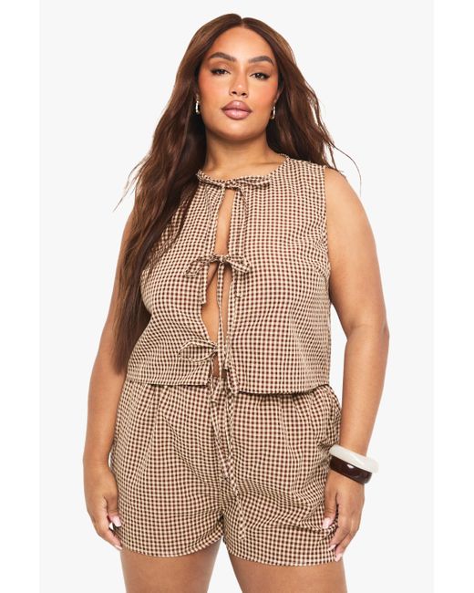 Boohoo Brown Plus Tie Front Top