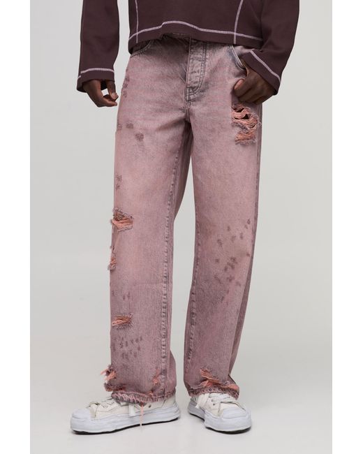 BoohooMAN Pink Tinted Laddered Relaxed Fit Jeans for men