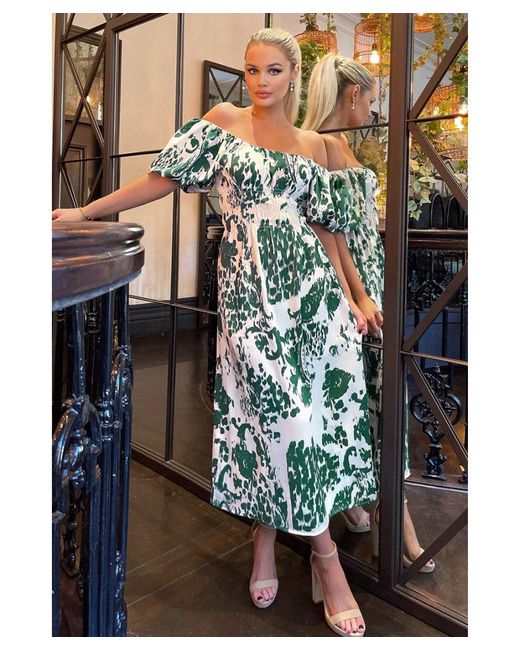 AX Paris And Printed Elasticated Waist Bardot Midi Dress in Green