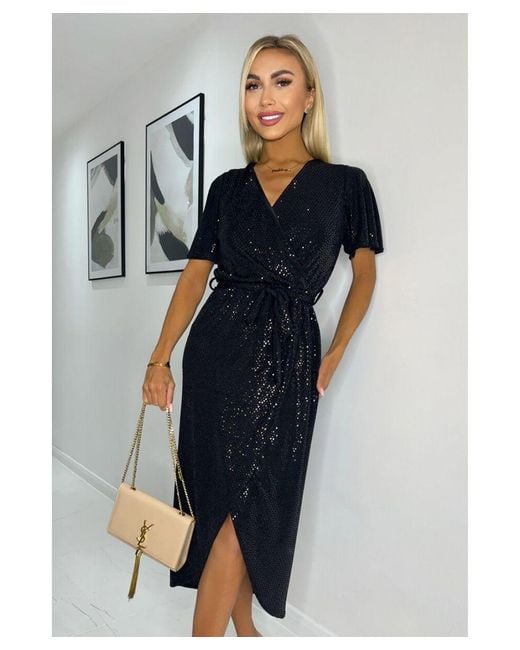 AX Paris Metallic Sparkle And Sequin Belted Short Sleeve Wrap Midi