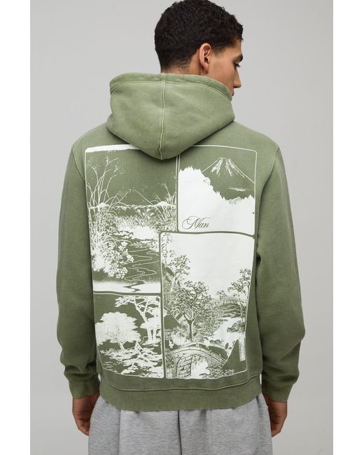 BoohooMAN Green Washed Regular Kyoto Back Print Hoodie Cotton for men