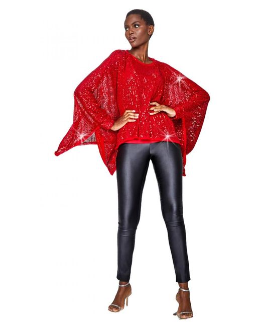 Roman Red Sequin Cape Overlay Stretch Top