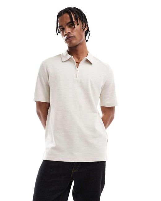 Jack & Jones White Textured Zip Polo for men