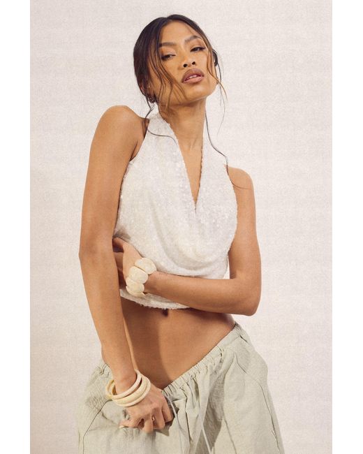 Boohoo Natural Sequin Cowl Neck Top