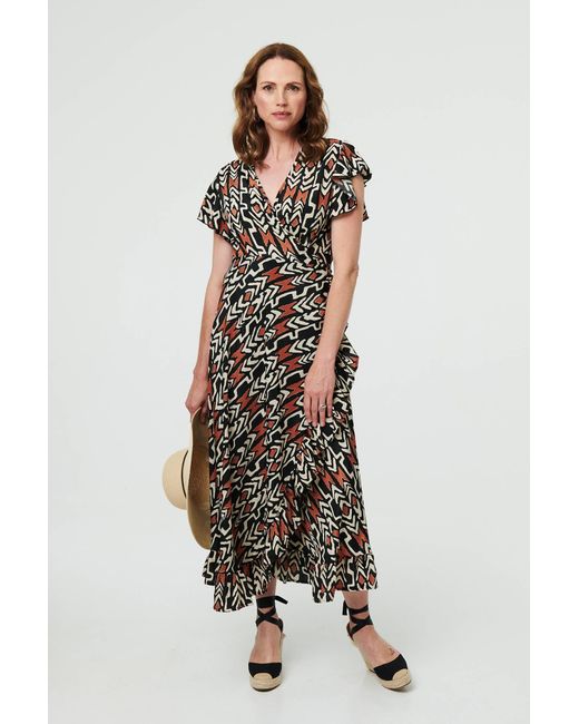 Izabel London White Abstract Frilled Sleeve Wrap Midi Dress