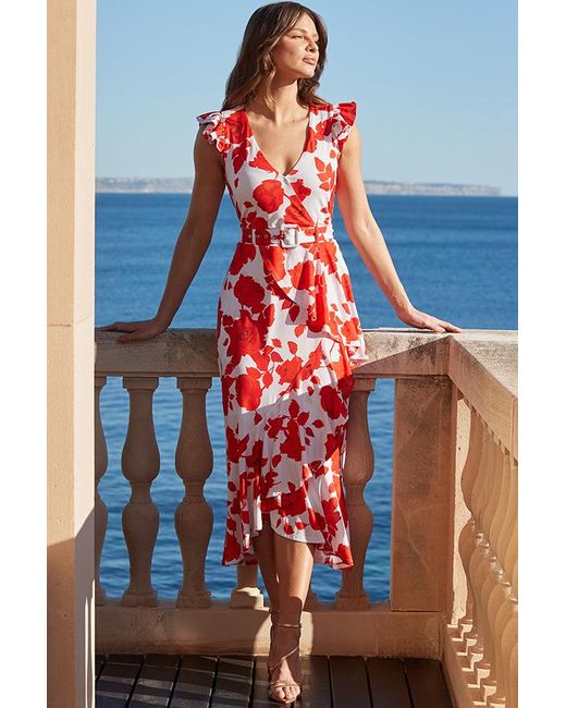 Sosandar Blue Ivory Floral Print Ruffle Hem Midi Dress
