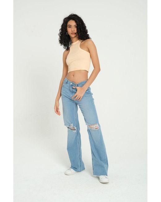 Hiccup Blue Halter Neck Ribbed Basic Crop Top