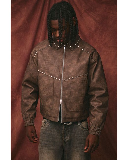 BoohooMAN Brown Boxy Fit Croc Pu Studded Embellished Harrington Jacket for men