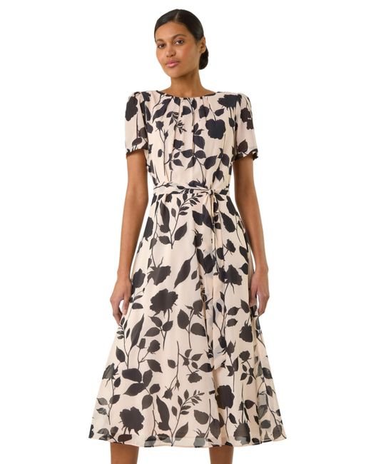Roman White Floral Print Pleat Neck Midi Dress