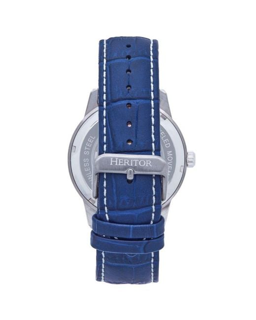 Heritor Blue Davies Semi-Skeleton Leather-Band Watch for men