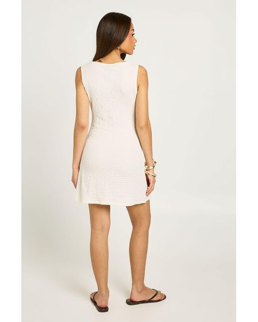 Boohoo Natural Textured Slash Neck Ruched Waist Mini Dress