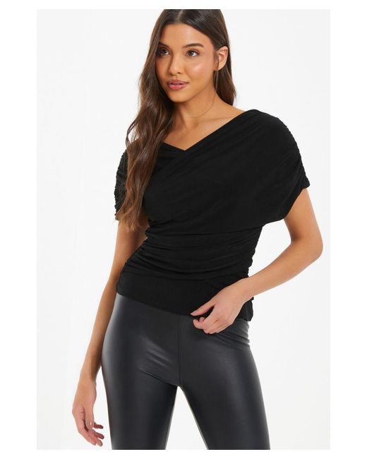 Quiz Black Ruched Wrap Top