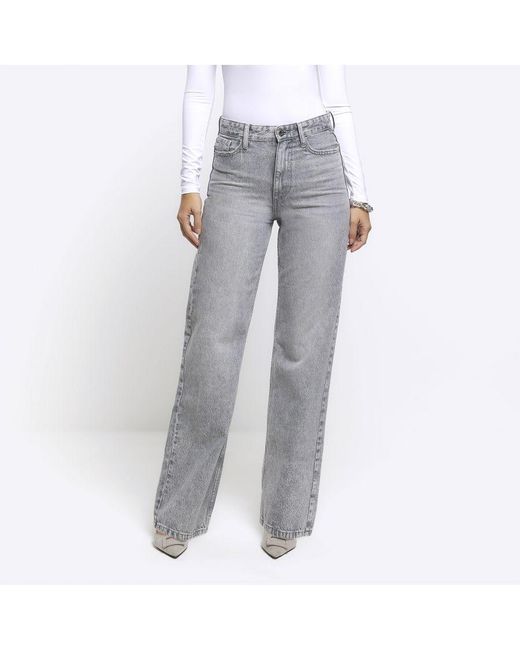 River Island Gray Straight Jeans Grey High Waisted Relaxed Cotton