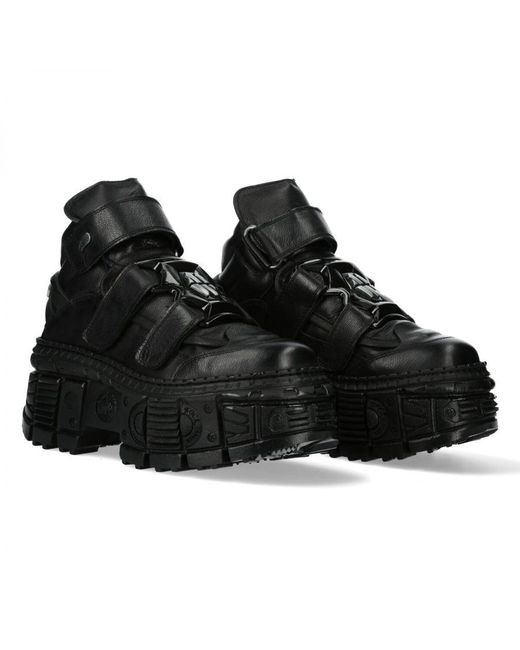 New Rock Black Metallic Ankle Leather Boots-Wall285-S2