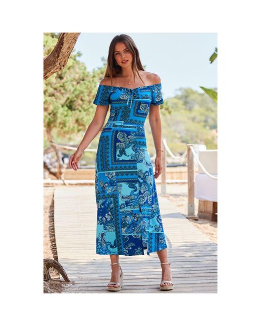 Sosandar Blue Scarf Print Tie Front Bardot Midi Dress