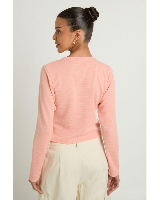 Boohoo Pink Stripe Button Through Long Sleeve Top