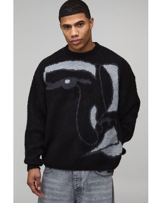 BoohooMAN Black Oversized Boxy Brushed Abstract Face Knitted Jumper for men