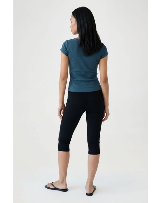 Boohoo Blue Ribbed Lace Trim Cap Sleeve Top