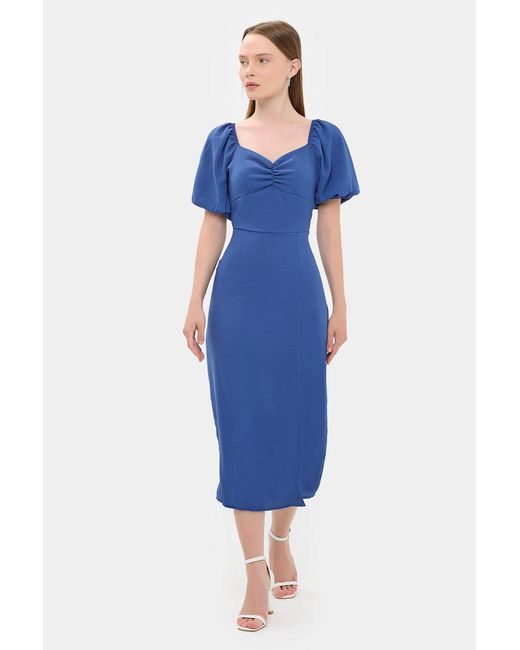 Hiccup Blue Sweetheart Neck Midi Dress With A Side Slit