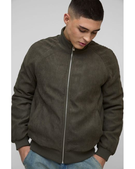 BoohooMAN Green Raglan Regular Fit Funnel Neck Faux Suede Bomber Jacket for men