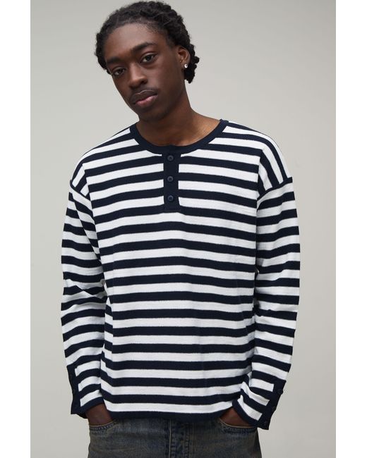 BoohooMAN Blue Regular Fit Henley Striped Knitted Long Sleeve T-Shirt for men