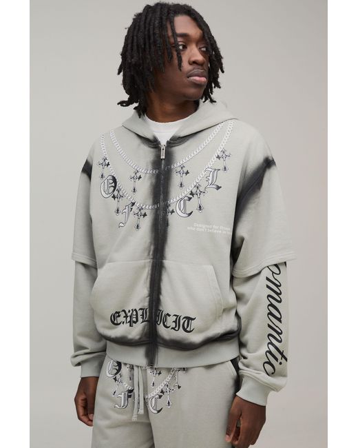 BoohooMAN Gray Oversized Boxy Chain Zip Through Hoodie for men