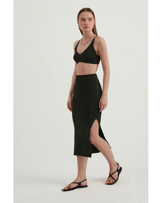 Hiccup Black 2 Pieces: V Neck Bodycon Crop Top & High Waist Maxi With A Side Slit