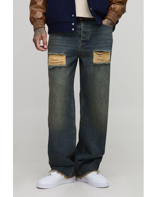 BoohooMAN Blue Tall Ripped Raw Hem Stonewash Relaxed Fit Jeans for men