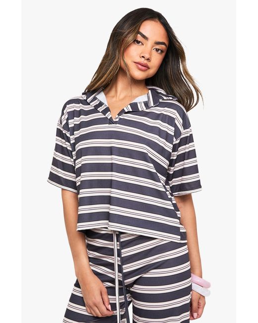Boohoo Blue Stripe Collared Top