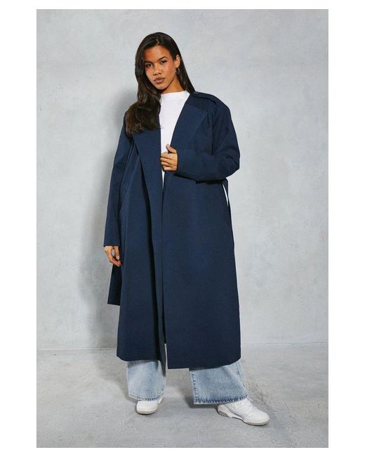 MissPap Blue Pleated Structured Shoulder Trench Coat