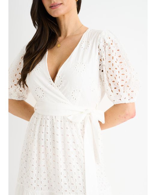 Gini London White Wrap Broderie Cotton Belted Midi Dress