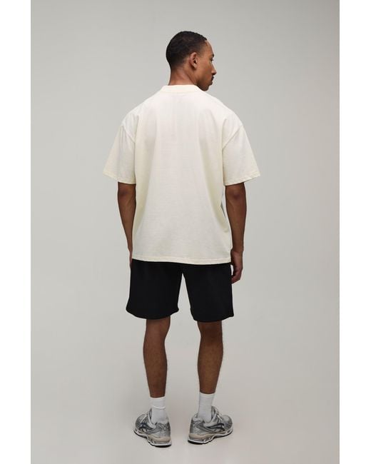 BoohooMAN Natural Oversized Extended Neck Beverly Hills Palm Print T-Shirt & Short Set for men