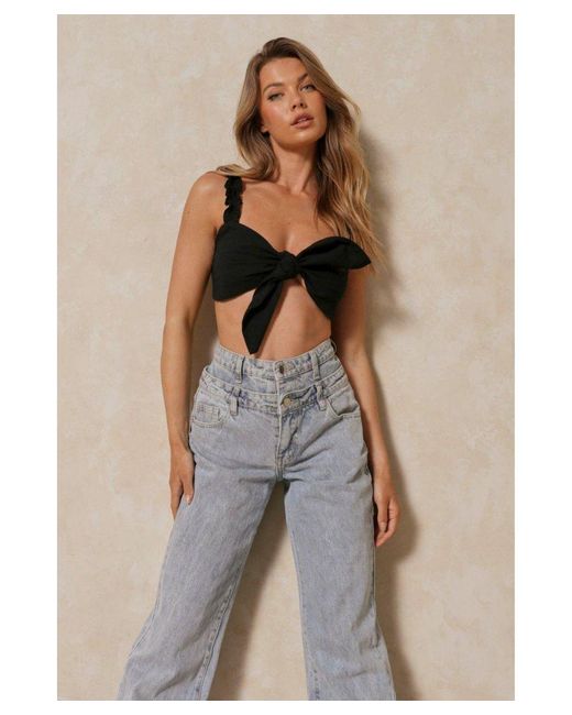 MissPap Black Tie Front Cropped Bralette Top Cotton