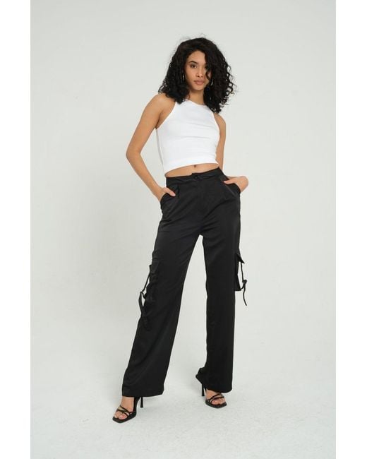 Hiccup Brown Satin Mid Rise Pocket Cargo Trousers