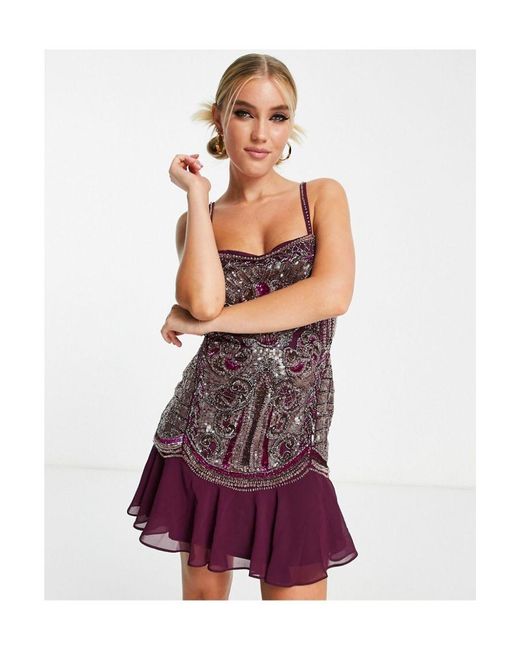 ASOS Purple Cami Mini Dress With Artwork Embellishment And Ruffle Hem