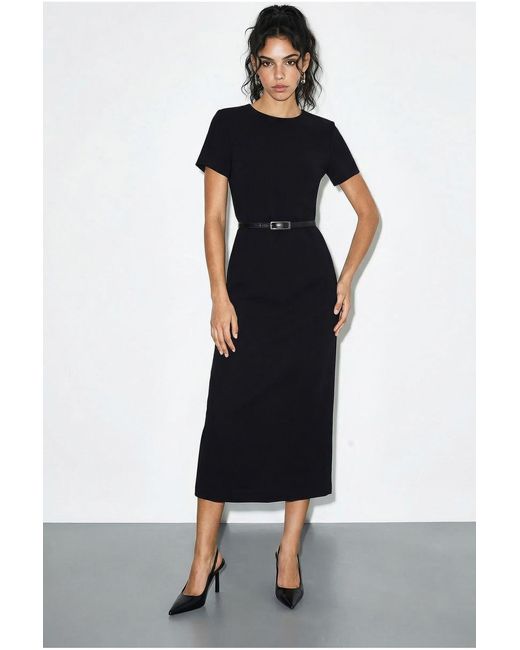 Bianco Lucci Black Belted Midi Dress With Crew Neck