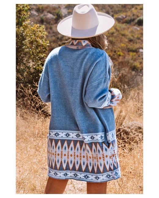 Azura Exchange Blue Knitted Aztec Print Cardigan