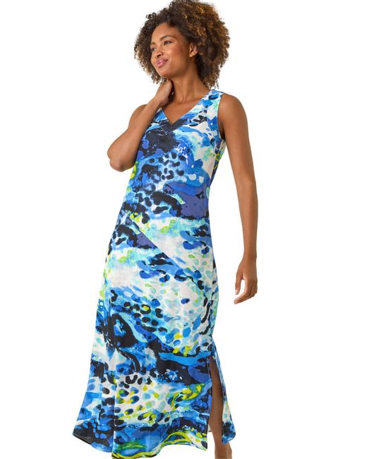 Roman Blue Abstract Linen Mix Midi Dress