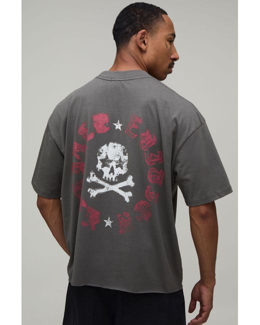 BoohooMAN Gray Oversized Skull Print Raw Hem T-Shirt Cotton for men