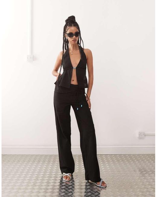 Motel Black Syrma Bead Detail Linen Halter Top