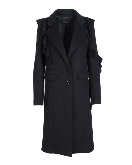 Patrizia Pepe Black Wool Coat Ruffled Detail