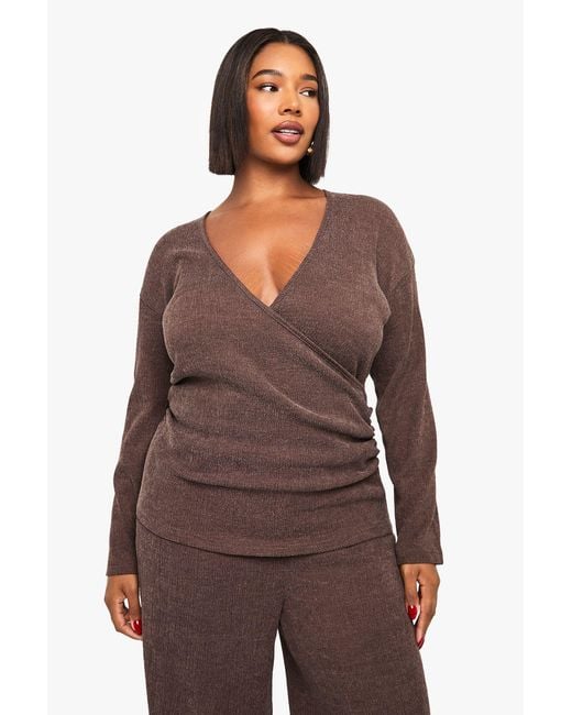 Boohoo Brown Plus Long Sleeve Wrap Top