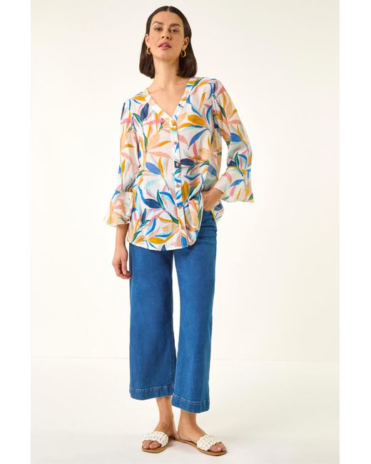 Roman Blue Leaf Print Flare Sleeve Blouse