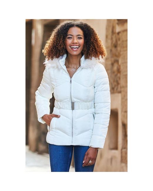 Sosandar Blue Cream Faux Fur Trim Padded Coat With Belt