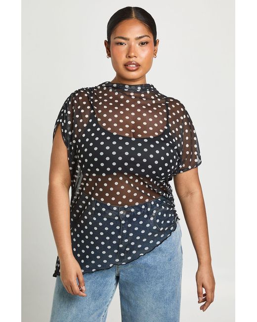 Boohoo Blue Plus Mesh Polka Dot High Neck Ruched Side Asymmetric Top