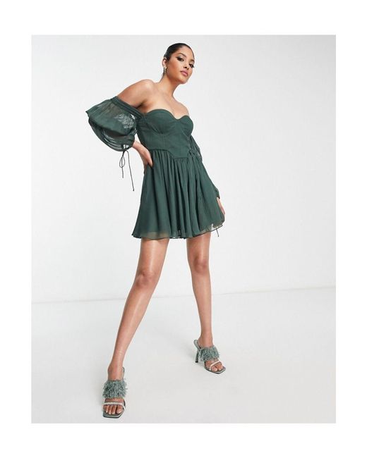 ASOS Green Corseted Off The Shoulder Flippy Dress With Blouson Sleeves