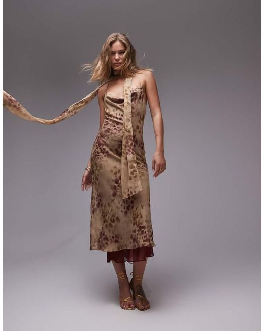 TOPSHOP Brown Cowl Maxi Slip Dress