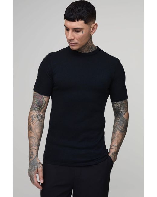 BoohooMAN Blue Tall Muscle Fit Soft Touch Knitted T-Shirt for men