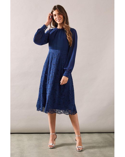 Wallis Blue Occasion Lace Fit And Flare Midi Dress